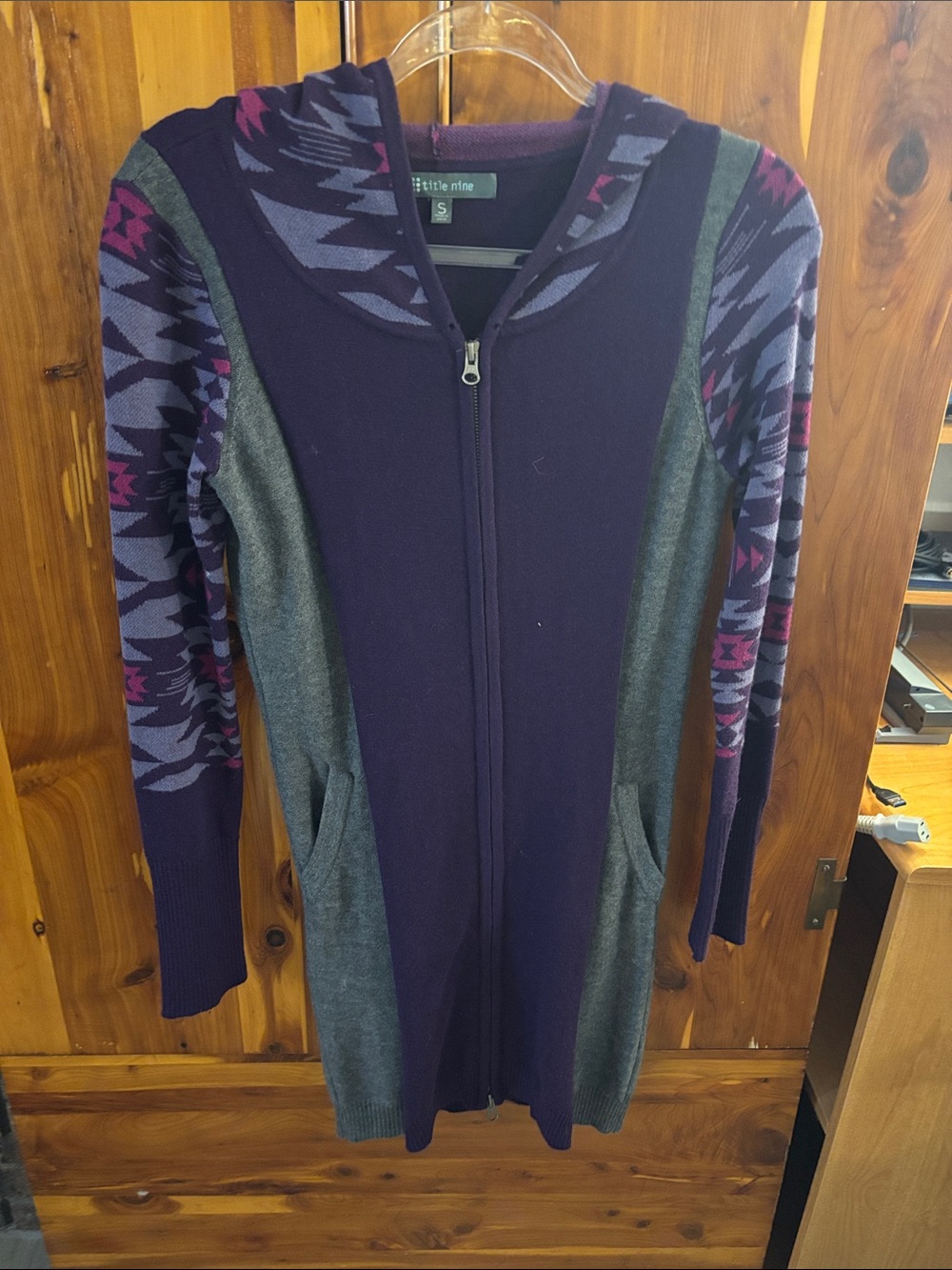Title nine Long Zip Hoodie Dress in Purple, Gray and Magenta